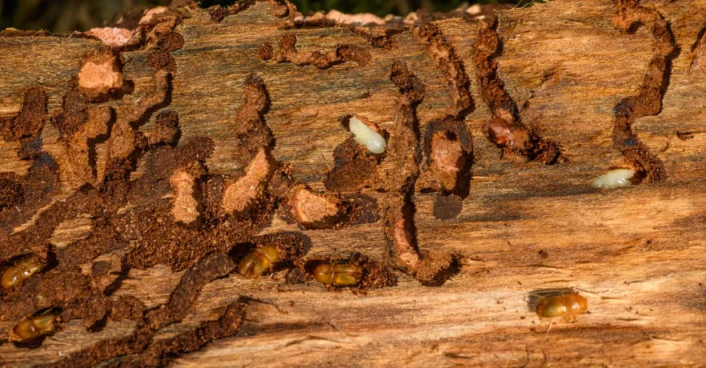 Madeira com galerias abertas por cupins, indicando infestação após revoada de siriris e aleuias